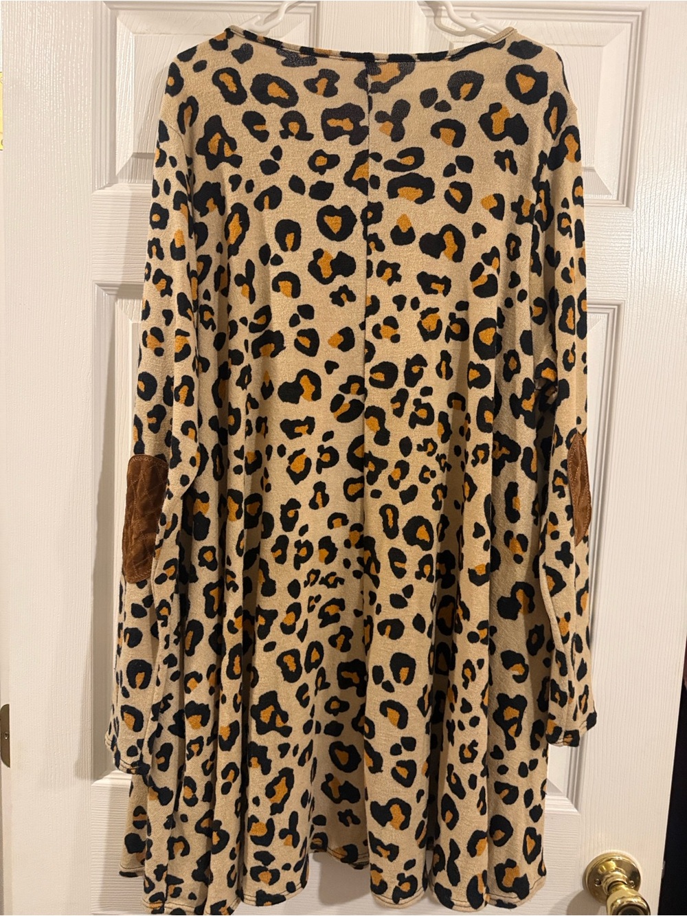 Long Sleeve Leopard Print Cream Dress with Brown Elbow Patches